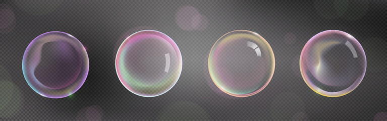 Poster - transparent soap ball with pink and purple iridescent color and reflection. realistic 3d vector illu