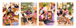 Cozy home party with friends, cards set. Young people gathering together indoors, leisure time. Characters enjoying food, tea, fun in hygge house, apartment, vertical posters. Flat vector illustration