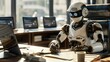 AI-generated illustration of a humanoid robot sitting at a desk engaged in a collaborative task