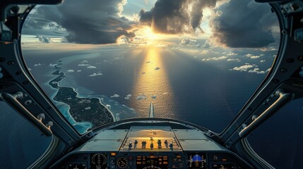 Poster - The cockpit of a jet, looking forward, can see the sky and the ocean. Generative AI.