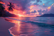 A beach with palm trees and soft ocean waves rolling on the sand in the rays of the setting sun