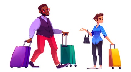 travel people character with suitcase in trip vector. young black man and woman person in tour or ai