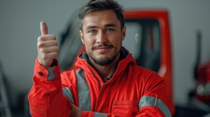 Poster - Portrait of an automobile mechanic in red overalls is thumbs up. Generative AI.