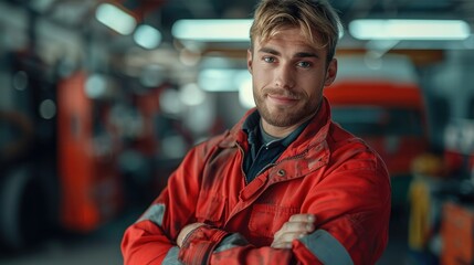 Poster - Portrait of an automobile mechanic in red overalls is thumbs up. Generative AI.