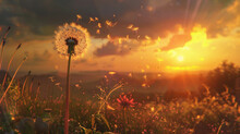 Step Into A Scene Where A Golden Sunset Bathes A Serene Landscape, Illuminating A Dandelion In Its Gentle Light. 