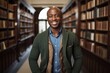 Portrait of a happy afro-american man in his 40s wearing a chic cardigan in front of classic library interior
