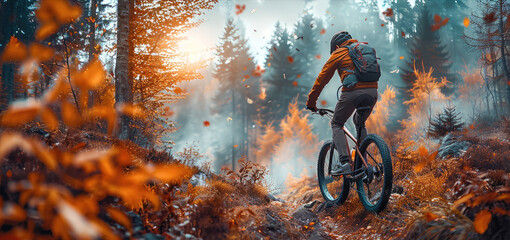 Wall Mural - Man riding a bicycle across extreme forest trails. Generative AI.