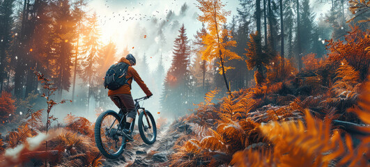 Sticker - Man riding a bicycle across extreme forest trails. Generative AI.