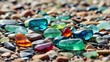 vibrant jewels on the shore. Sea glass with a grainy polish and stones near the shore. Close-up view of multicolored sea pebbles set in sparkling green and blue glass. Summer beach background
