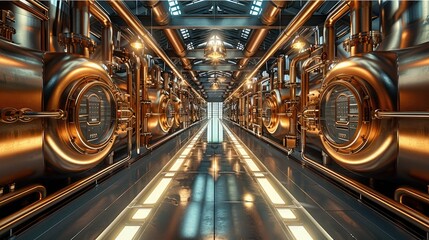 Fototapete - An industrial style copper and glass whisky still room, filled with large rows of shiny circular steel pipes that go around in each direction as far up as eye level. Generative AI.