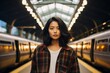Portrait of a content asian woman in her 20s wearing a comfy flannel shirt over modern city train station