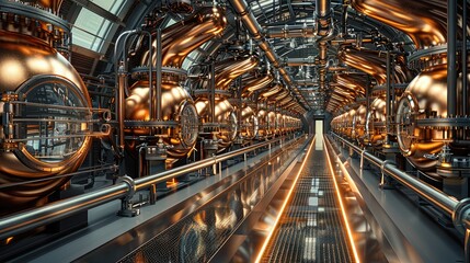 Fototapete - An industrial style copper and glass whisky still room, filled with large rows of shiny circular steel pipes that go around in each direction as far up as eye level. Generative AI.