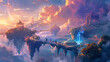 A close up of a surreal dreamscape bathed in ethereal light, floating islands suspended in the sky, interconnected by bridges of shimmering energy,