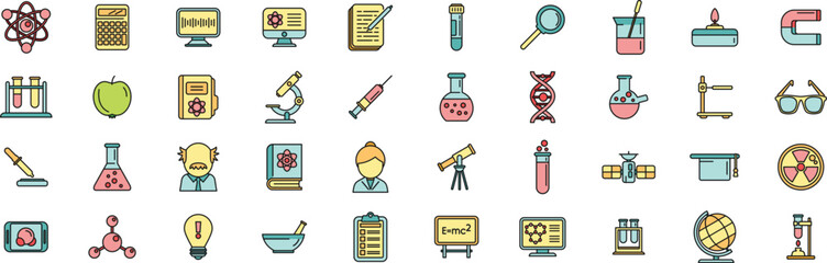 Poster - Research scientist icons set outline vector. Lab formula. Medical chemical thin line color flat on white