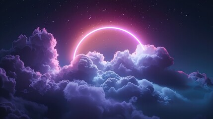 Wall Mural - An illustration showcasing a cloud, subtly enhanced by a glowing neon ring in a delicate shade of lavender, set against the inky blackness of the night sky. Generative AI.