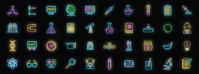 Poster - Research scientist icons set outline vector. Lab formula. Medical chemical neon color on black