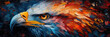 A visually striking painting of an eagle face with vivid, thick brush strokes and abstract forms