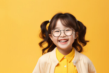 Wall Mural - Generative AI image of asian preteen kid wear uniform and glasses isolated on yellow background