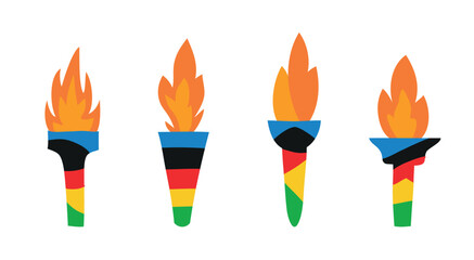 Set of burning olympic torches with flame. Symbol of competition victory, champion. Vector illustration in white background. Sticker, label, clipart, design element. International sport event