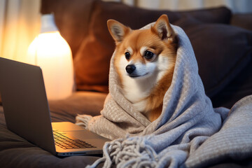 ai generated picture of best human friend animal looking laptop screen
