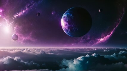 Wall Mural - Video animation of stunning cosmic scene with three celestial bodies that resemble planets or moons