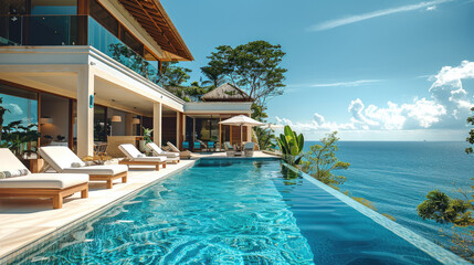 Poster - A pool and villa resort or beach house. sun loungers on Sunbathing deck and private swimming pool with sea view at luxury villa resort. Generative AI.