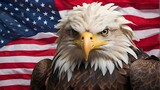 Fototapeta  - american eagle and flag eagle, bird, bald, bald eagle, beak, animal, raptor, wildlife, symbol, head, america, nature, portrait, flag, usa, bird of prey, predator, feather, eye, feathers, white, patrio