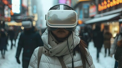 Poster - Future, people's where everyone walk around with headset on not talking to each other as they are walking down the street. Generative AI.