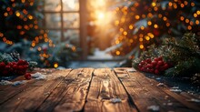 Wooden Table In Winter Park With Snow And Bokeh Lights
