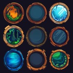 Poster - Set of round frames with glowing effects. Cartoon style. Ui game frames