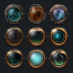 Wall Mural - Set of round frames with glowing effects. Cartoon style. Ui game frames