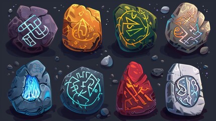 Sticker - Set of game stone icons. Zodiac signs, astrological symbols on stone set.