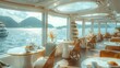 A cafe inside a real luxury cruise ship, with a beautiful sunny morning and the sparkling emerald green sea. Generative AI.