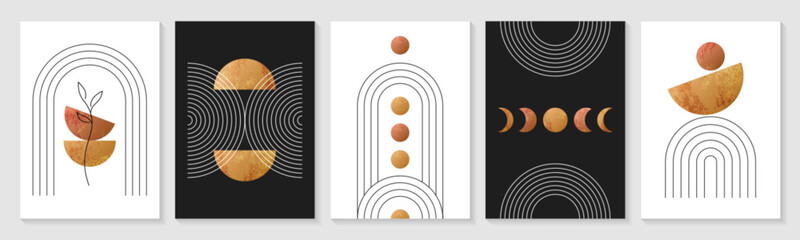 Zen arch posters. Modern boho linear geometric shapes, minimal simple figures. Set of covers, minimalist abstract wall art with sun, moon phases, golden contemporary elements in trendy bohemian style.