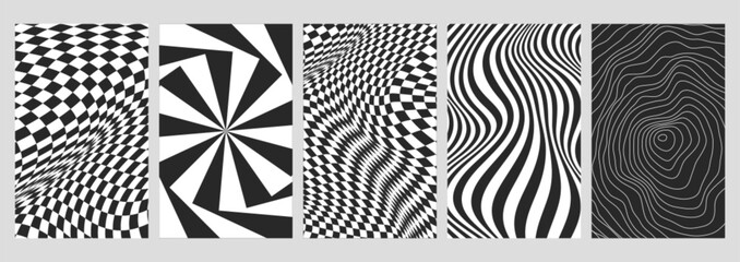 Set of warped checkerboard posters with distorted swirl and checkered texture. Trendy vector chessboard backgrounds in retro y2k psychedelic style. Seamless geometric pattern with grid tile, wavy line