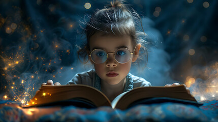 Wall Mural - portrait of a child reading a book. A person holding an open book, their gaze captivated by the words on the page as they embark on a literary journey. - spirit of adventure and discovery found.