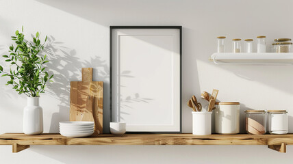 Wall Mural - a modern mockup frame on a kitchen wooden shelf on a white wall background