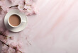 AI generated illustration of a cup of coffee next to pink flowered branch