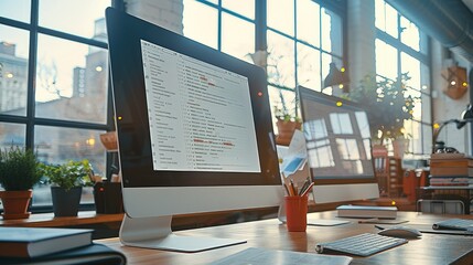 Aufkleber - Computer screen displaying email lists, A realistic representation of email marketing in a modern office setting, focusing on a professional workspace with a white theme. Generative AI.