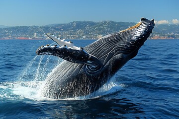 Poster - In a majestic display of marine biology, a humpback whale breaches the water, its massive fin cutting through the fluid like a sculpted masterpiece under the open sky