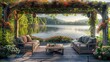 An inviting lakeside gazebo adorned with lush greenery and vibrant pink and red flowering vines that hang from the roof. Elegant outdoor furniture, including cushioned wooden sofas. Generative AI.