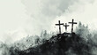 Crucifixion Narrative: Black and White Watercolor Painting of Jesus Christ's Crosses on Hill
