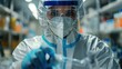 A laboratory technician wearing a protective suit and mask works in a laboratory. Generative AI.