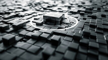 Poster - A grayscale 3D render of an abstract tech background with a central ring-shaped icon surrounded by floating cubes, representing data and technology. The design is sleek and modern. Generative AI.