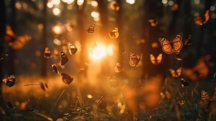 Poster - The sunrise in the forest, butterflies are flying. Generative AI.