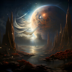 Wall Mural - Fantasy landscape with planet and clouds.