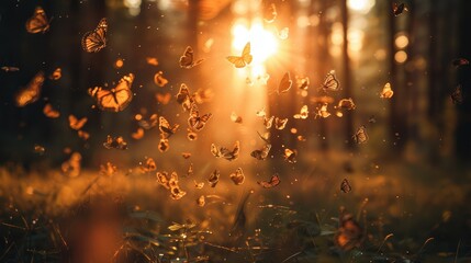 Poster - The sunrise in the forest, butterflies are flying. Generative AI.