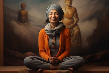 Canvas Print - Portrait of a blissful indian woman in her 70s dressed in a warm ski hat in front of serene meditation room