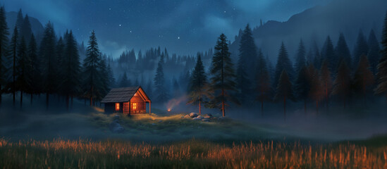 Wall Mural - night landscape with a starry sky and a small lonely cabin in the mountain forest