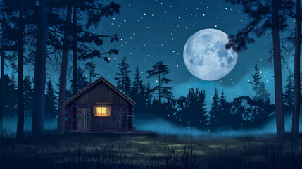 Wall Mural - night landscape with a starry sky and a small lonely cabin in the mountain forest